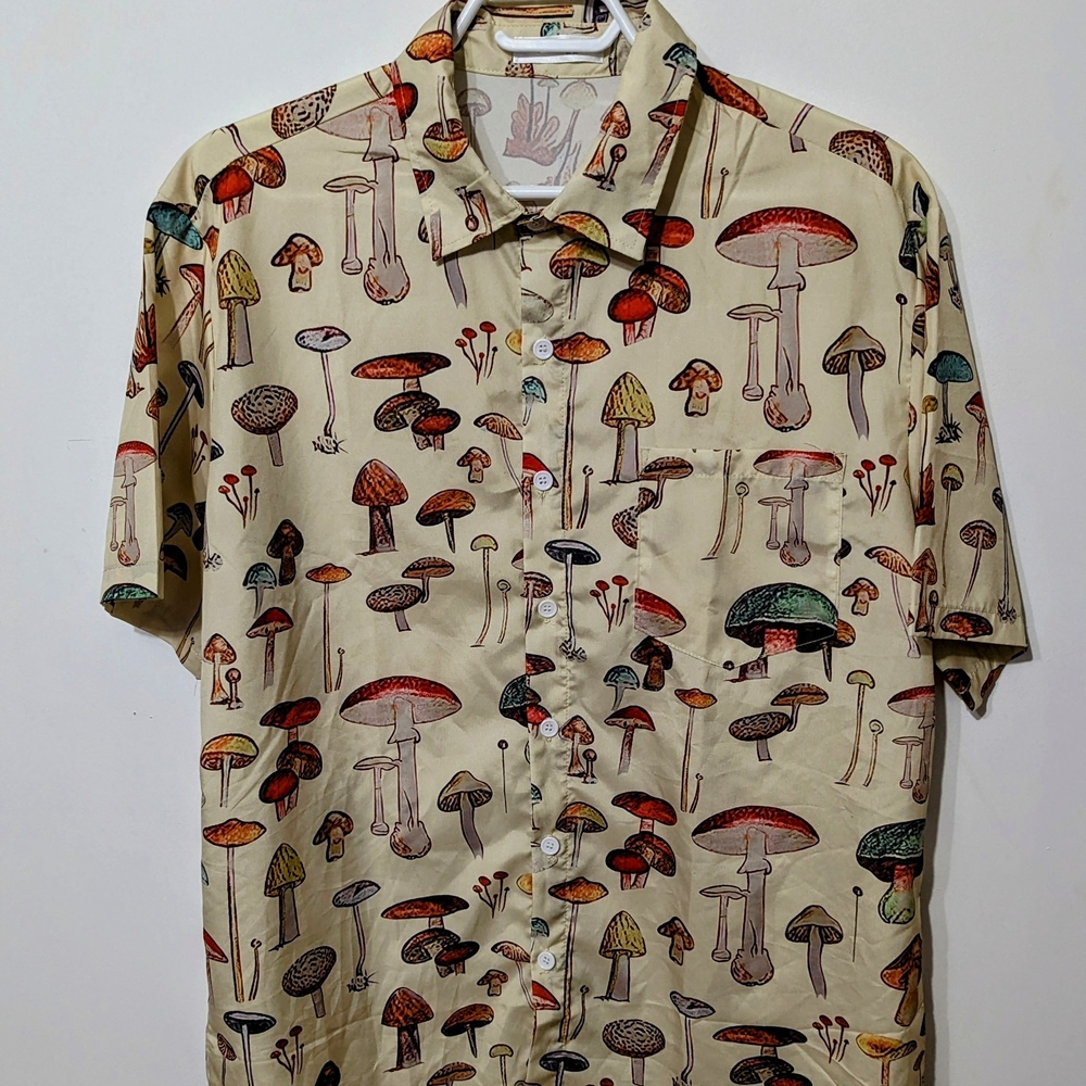 Cream and Red Mushroom Print Casual Button Down Shirt